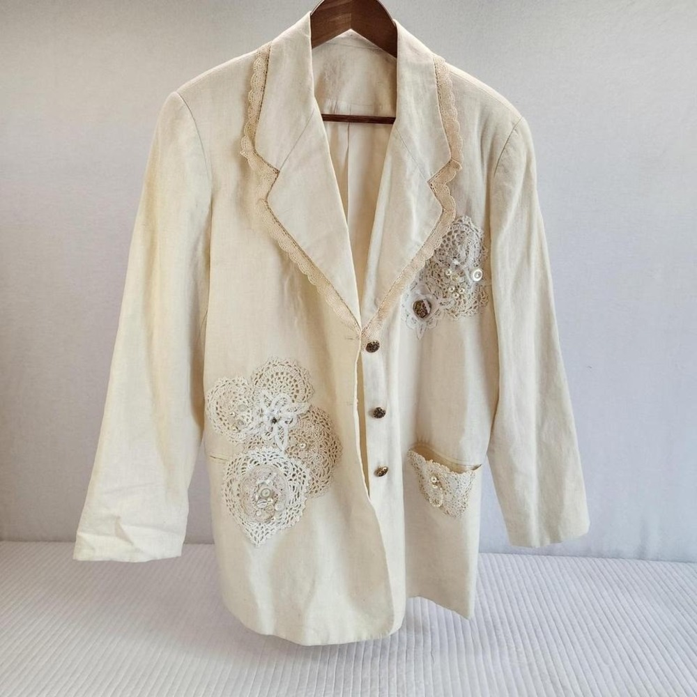 Vintage Applique Blazer Cream‎ Beige Buttoned Career Jacket 80's L